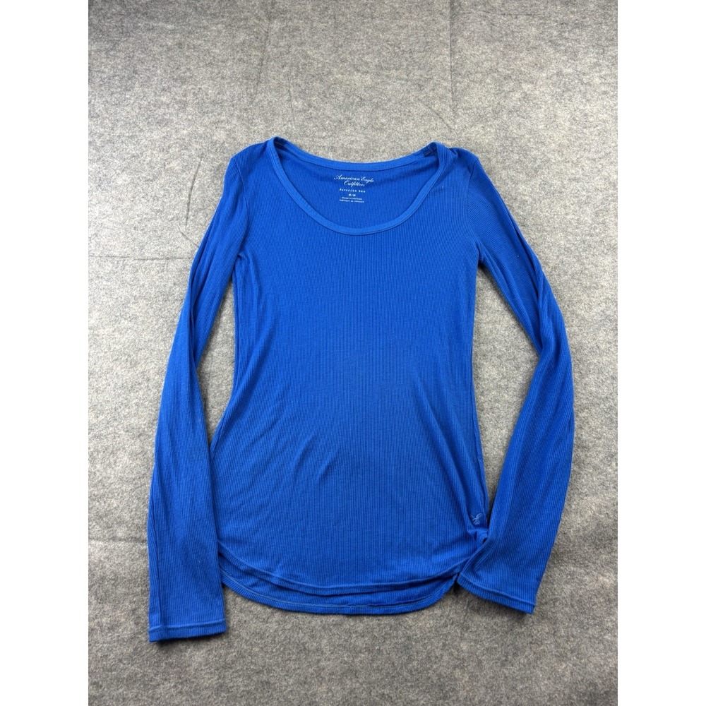 VTG American Eagle Womens M Long Sleeve‎ Favorite Tee Ribbed Top Y2K Blue 2000s